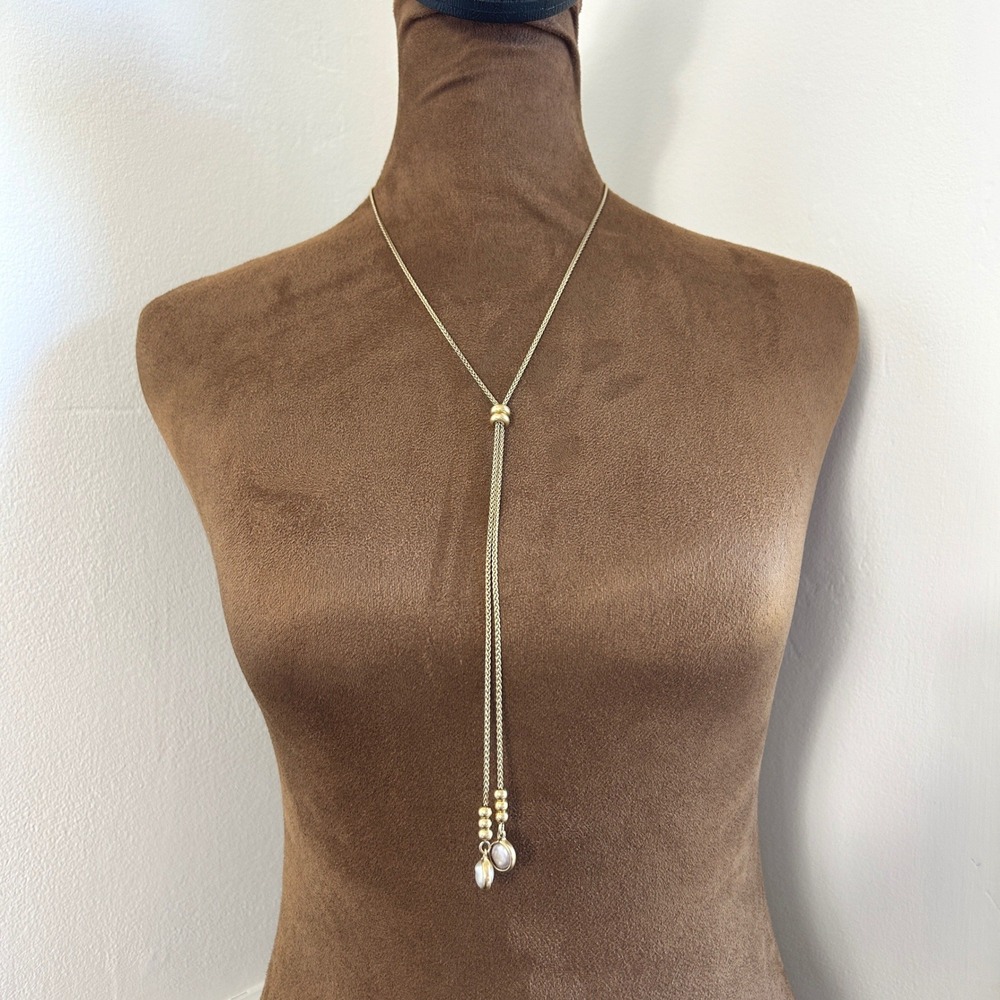 Lucky Brand Gold Tone Faux Pearl Lariat Bolo Necklace Adjustable Wheat Chain